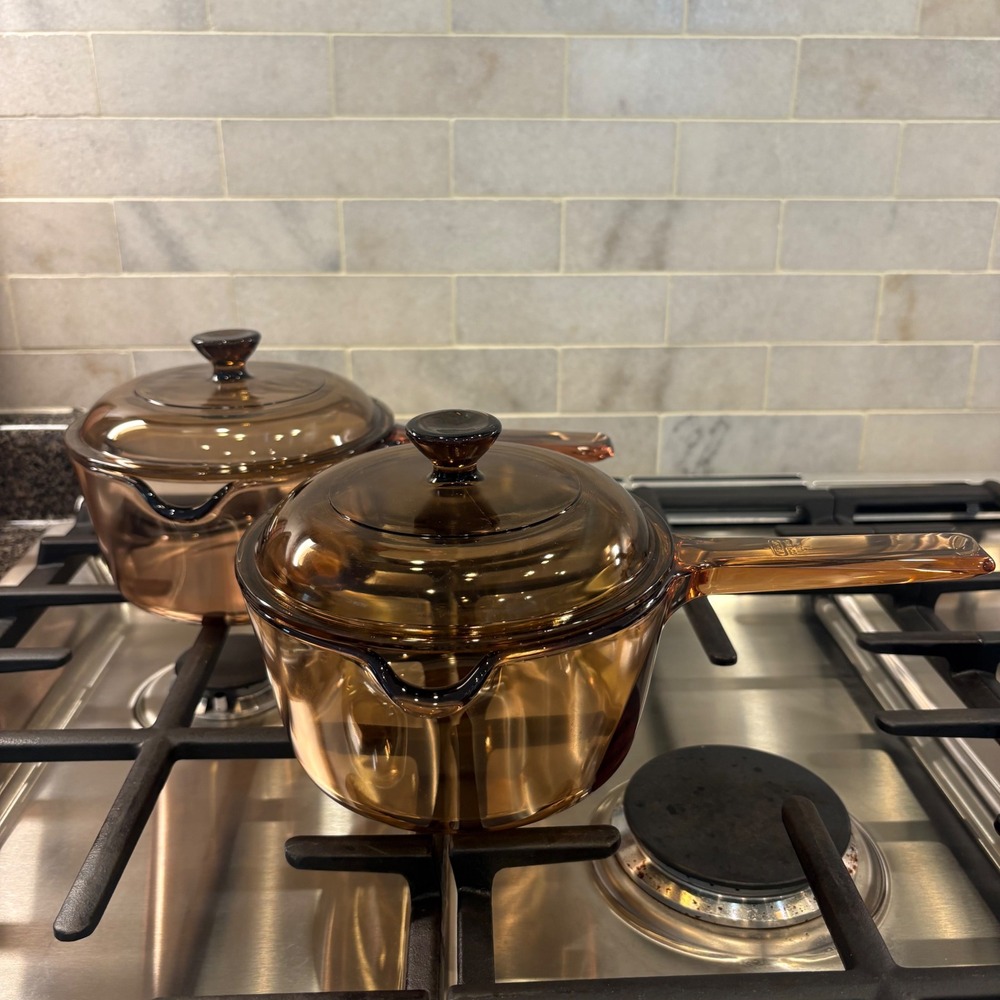 Corning Visions Amber Glass Covered Saucepan Set with Pour Spouts